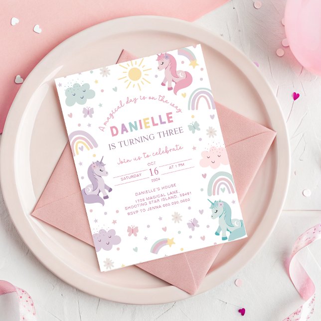 Invitación de Cumpleaños de Unicornio Tres. Pastel (Unicorn 3rd Birthday Invitation)