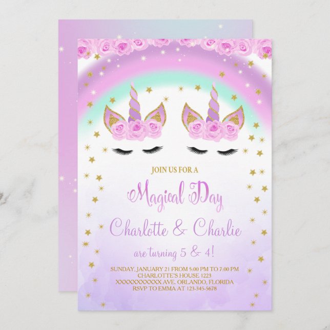Invitación de cumpleaños de Unicornio Twins Morado (Anverso / Reverso)