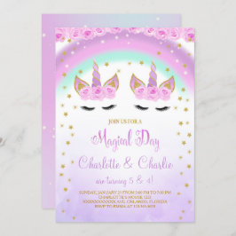 Invitación de cumpleaños de Unicornio Twins Morado