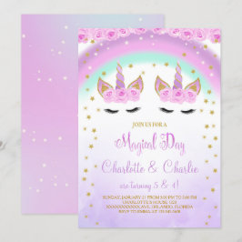 Invitación de cumpleaños de Unicornio Twins Purple