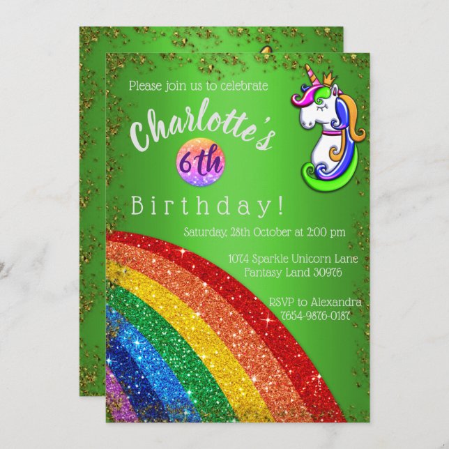 Invitación de cumpleaños de Unicornio verde arcoir (Anverso / Reverso)