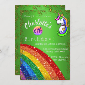 Invitación de cumpleaños de Unicornio verde arcoir
