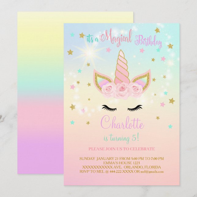Invitación de cumpleaños de Unicornio verde azulad (Anverso / Reverso)