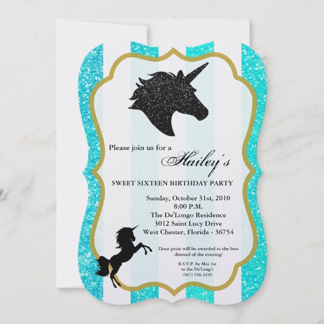 Invitación de cumpleaños de unicornio Verde azulad (Anverso)