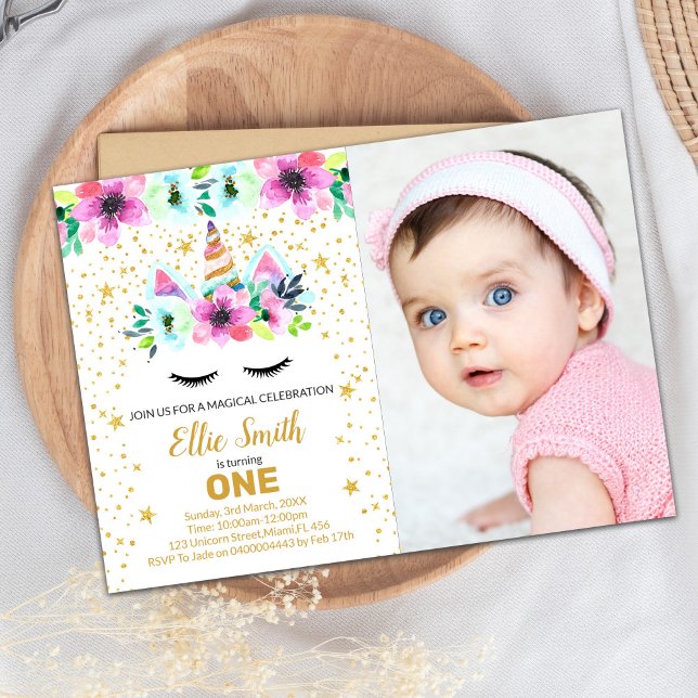 Invitación de cumpleaños de Unicornio verde y rosa (Green Pink Unicorn Invitations with photo)