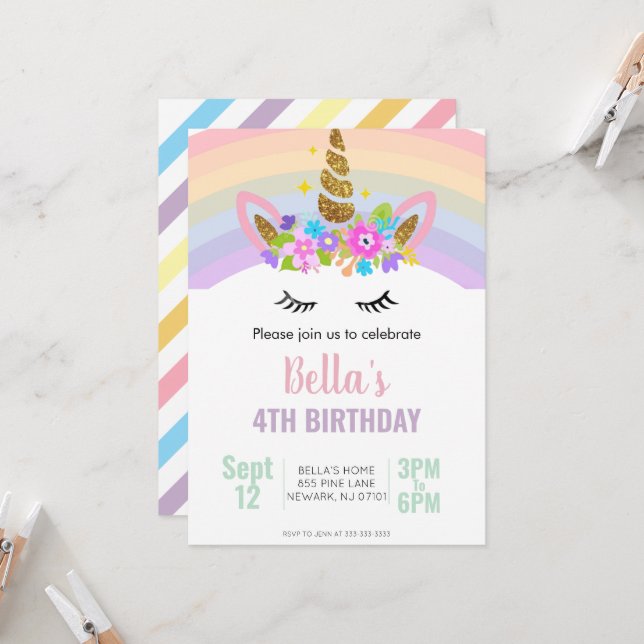 Invitación de cumpleaños de unicornio y arcoíris (Anverso/Reverso In Situ)