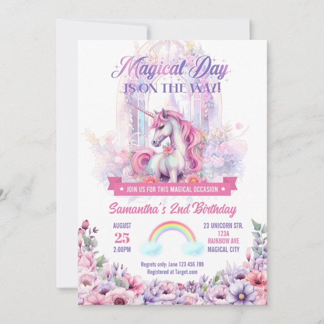 Invitación de Cumpleaños de Unicornio y Arcoíris (Anverso)