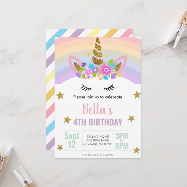 Invitación de cumpleaños de unicornio y arcoíris (Anverso/Reverso In Situ)