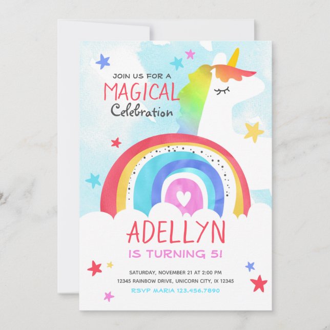 Invitación de cumpleaños de unicornio y arcoiris c (Anverso)