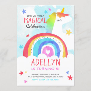 Invitación de cumpleaños de unicornio y arcoiris c
