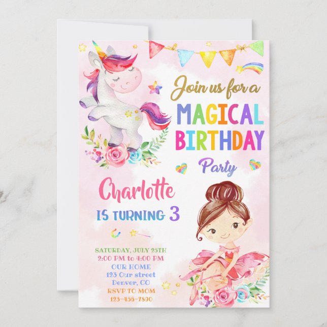 Invitación de cumpleaños de Unicornio y Ballerina  (Anverso)