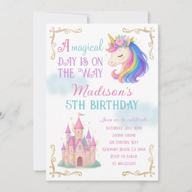 Invitación de cumpleaños de Unicornio y Castillo (Anverso)