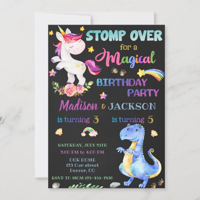Invitación de cumpleaños de unicornio y dinosaurio (Anverso)