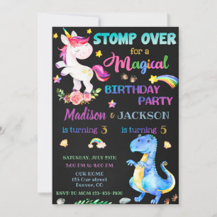 Invitación de cumpleaños de unicornio y dinosaurio