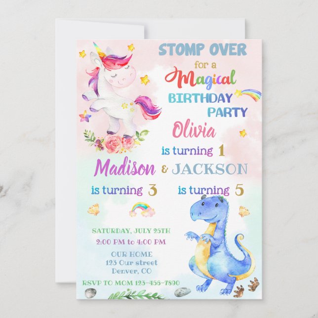 Invitación de cumpleaños de unicornio y dinosaurio (Anverso)