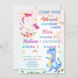 Invitación de cumpleaños de unicornio y dinosaurio