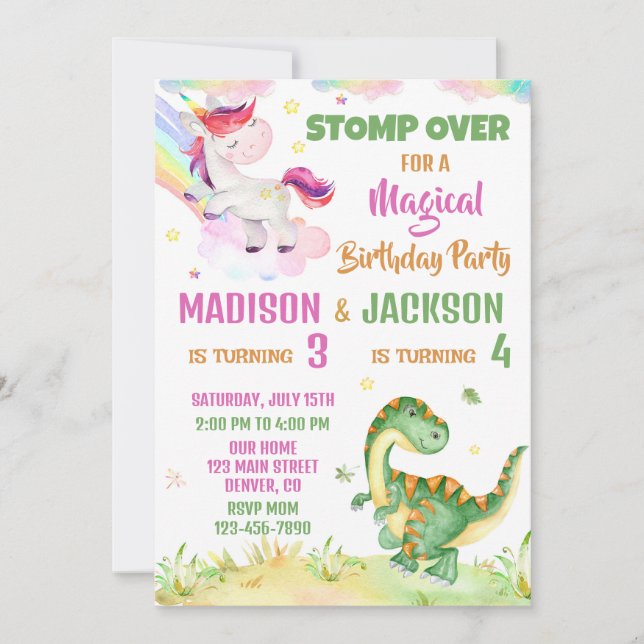 Invitación de cumpleaños de unicornio y dinosaurio (Anverso)