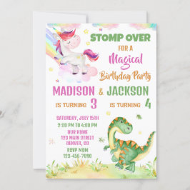 Invitación de cumpleaños de unicornio y dinosaurio
