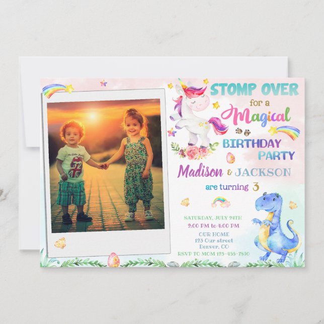 Invitación de cumpleaños de unicornio y dinosaurio (Anverso)
