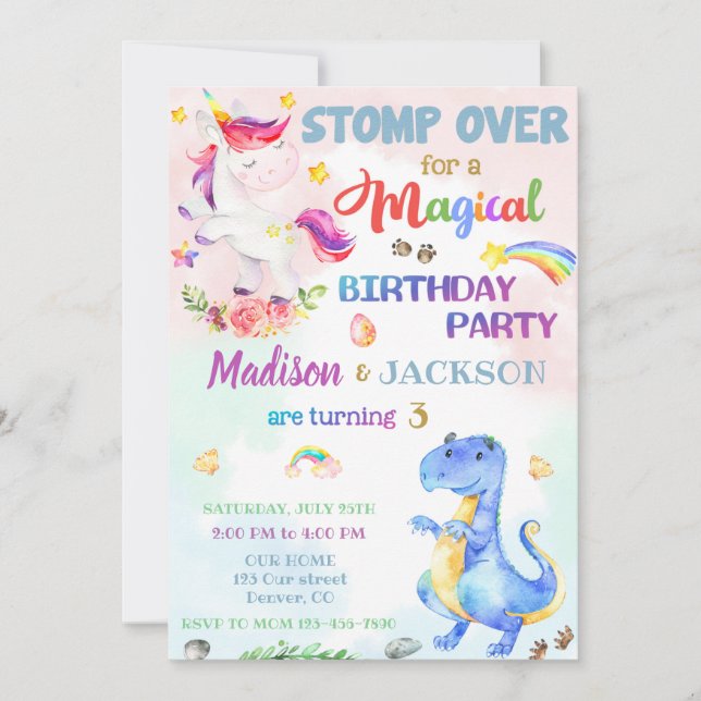 Invitación de cumpleaños de unicornio y dinosaurio (Anverso)