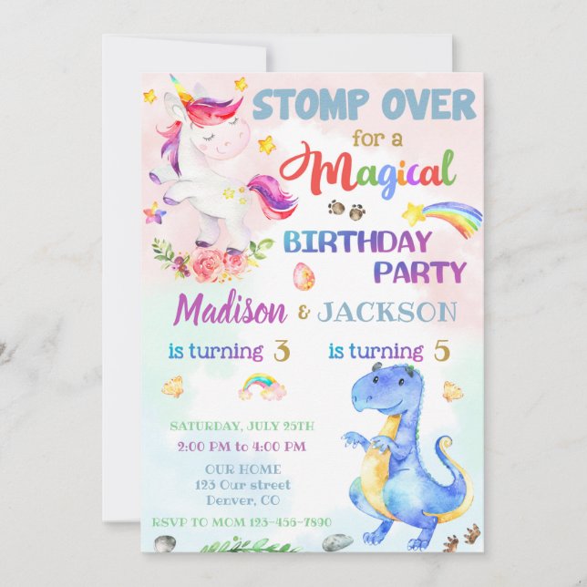 Invitación de cumpleaños de unicornio y dinosaurio (Anverso)