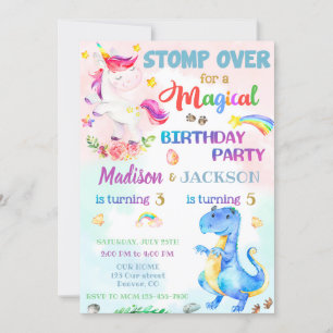 Invitación de cumpleaños de unicornio y dinosaurio