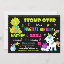 Invitación de cumpleaños de unicornio y dinosaurio