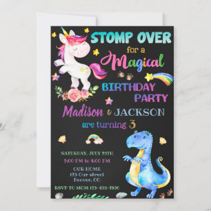 Invitación de cumpleaños de unicornio y dinosaurio