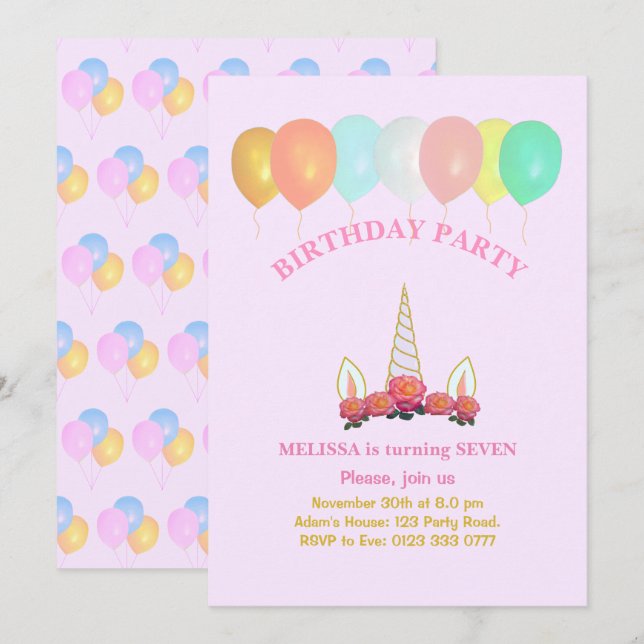 Invitación de cumpleaños de Unicornio y Globos (Anverso / Reverso)