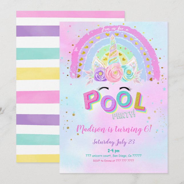 Invitación de cumpleaños de unicornio y piscina de (Anverso / Reverso)