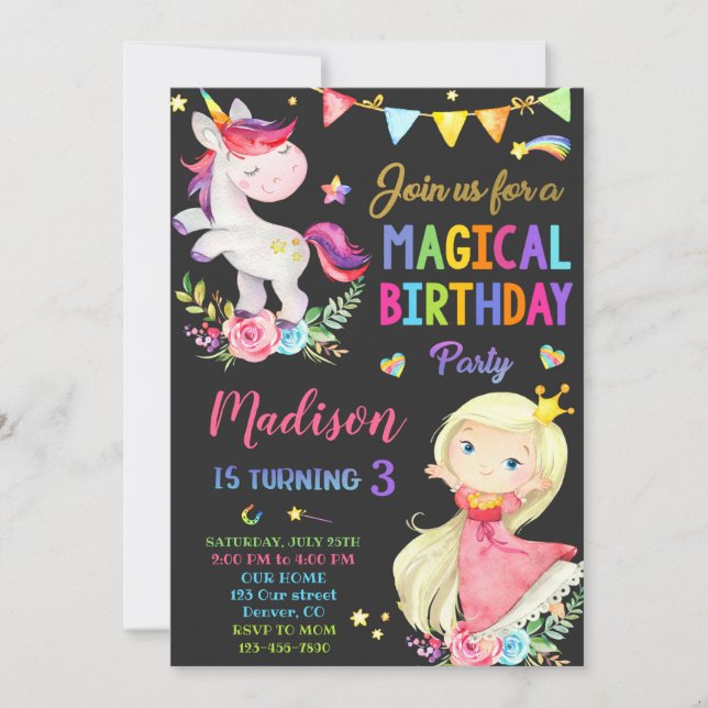 Invitación de cumpleaños de Unicornio y Princesa (Anverso)