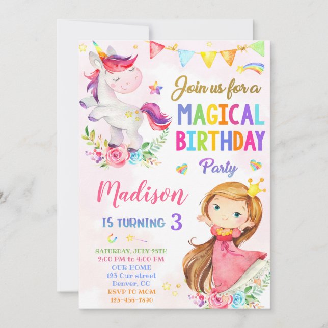 Invitación de cumpleaños de Unicornio y Princesa (Anverso)