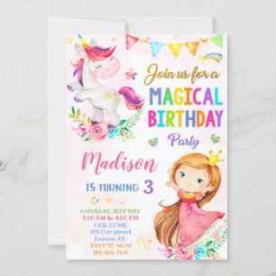 Invitación de cumpleaños de Unicornio y Princesa