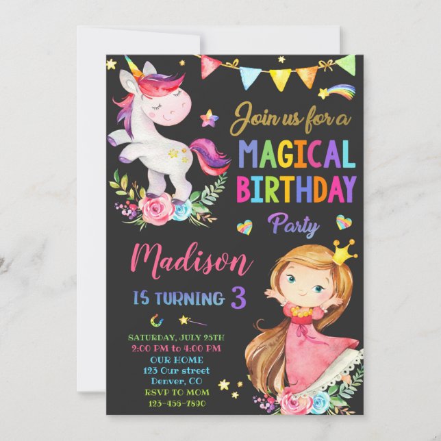 Invitación de cumpleaños de Unicornio y Princesa (Anverso)