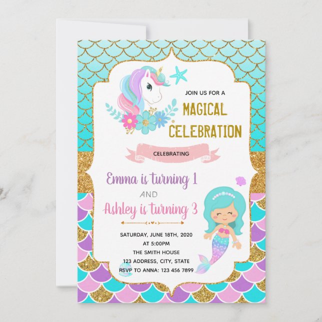 Invitación de cumpleaños de unicornio y sirena (Anverso)