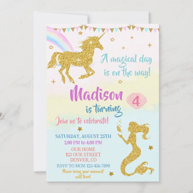 Invitación de cumpleaños de Unicornio y sirena par (Anverso)