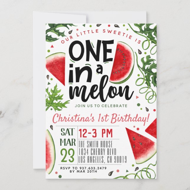 Invitación de cumpleaños de uno en melón (Anverso)
