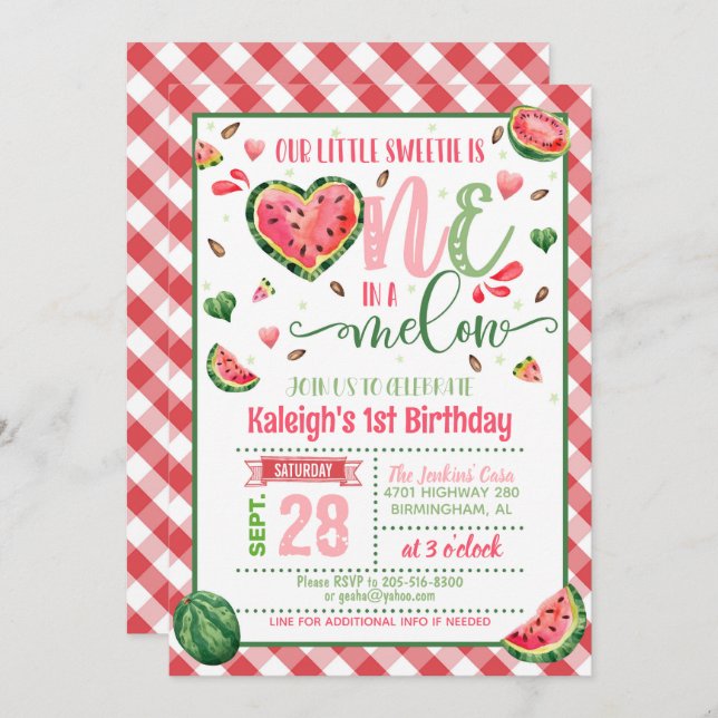Invitación de cumpleaños de uno en Melón - Gingham (Anverso / Reverso)