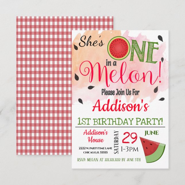 Invitación de cumpleaños de uno en un Fiesta melón (Anverso / Reverso)