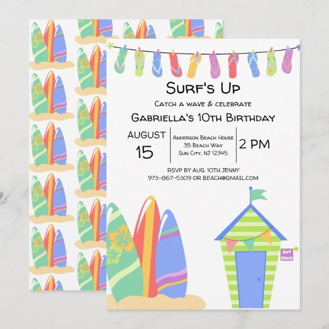 Invitación de cumpleaños de Up Beach para los surf (Anverso / Reverso)