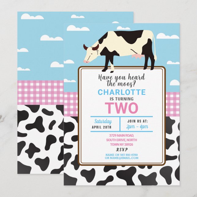 Invitación de cumpleaños de vaca a dos Fiestas de  (Anverso / Reverso)