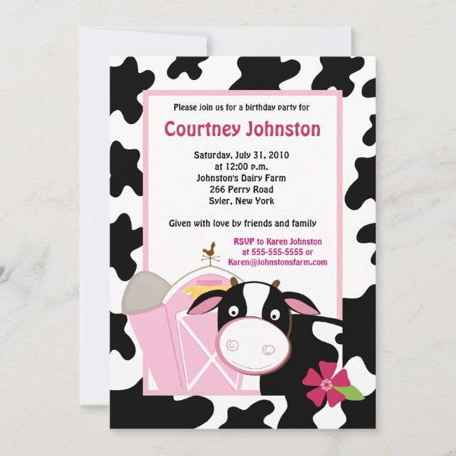 Invitación de cumpleaños de vaca blanca y negra la (Anverso)