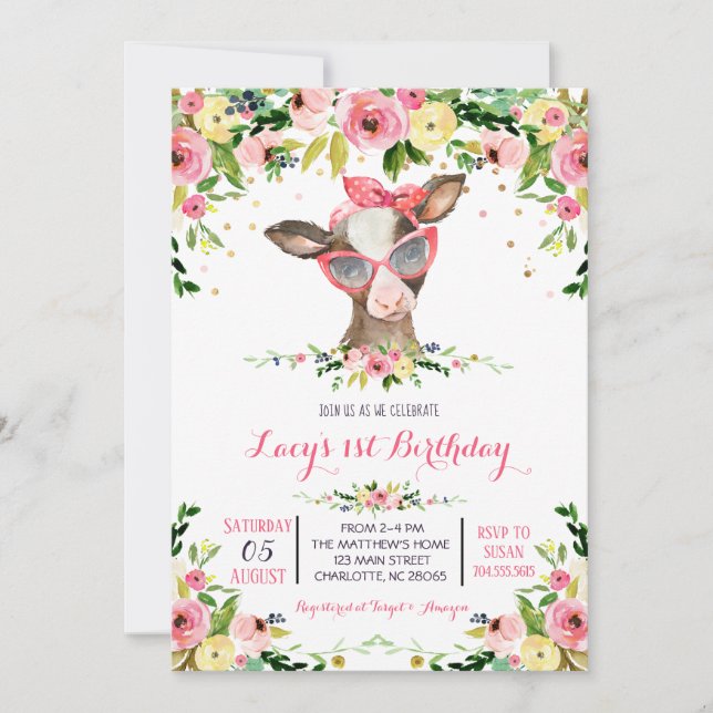 invitación de cumpleaños de vaca de granja chica (Anverso)