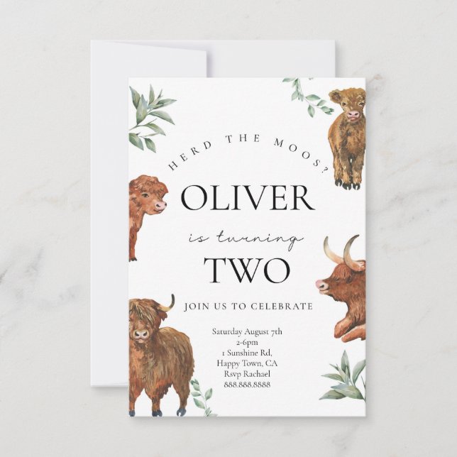 Invitación de cumpleaños de vaca de Highland para  (Anverso)