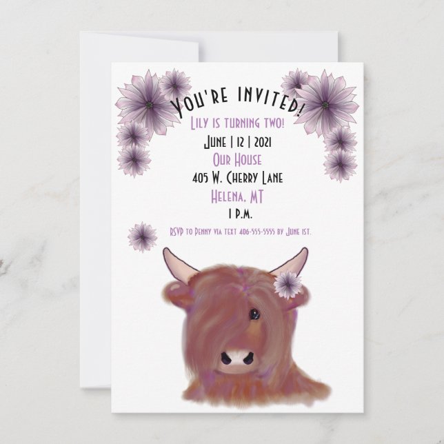 Invitación de cumpleaños de vaca de Highlander| Pe (Anverso)