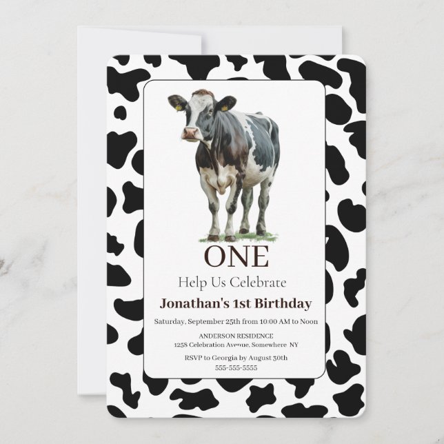 Invitación de cumpleaños de vaca negra y blanca (Anverso)