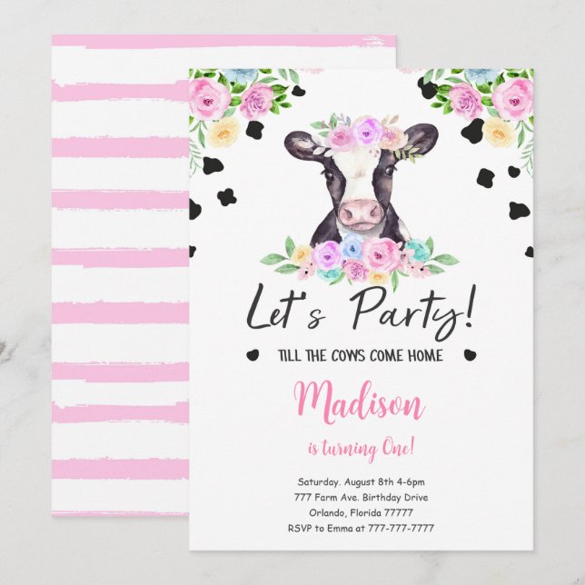 Invitación de cumpleaños de vaca negra y rosa (Anverso / Reverso)