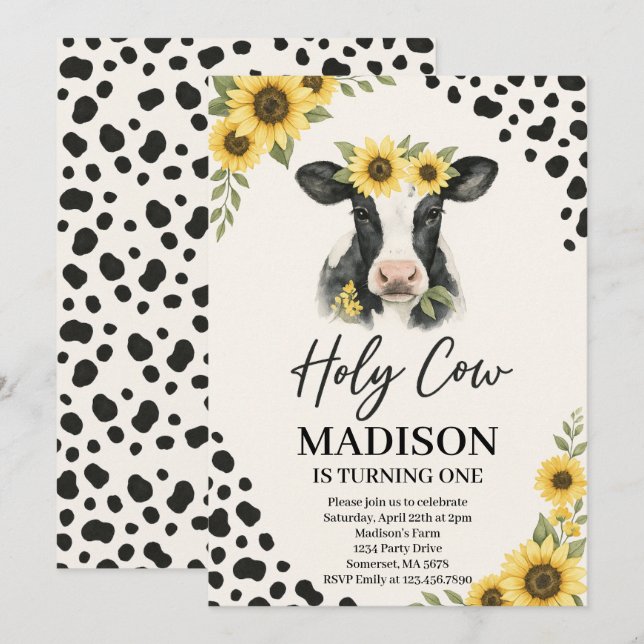 Invitación de cumpleaños de vaca sagrada editable (Anverso / Reverso)