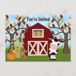 Invitación de cumpleaños de vaca y granero en otoñ