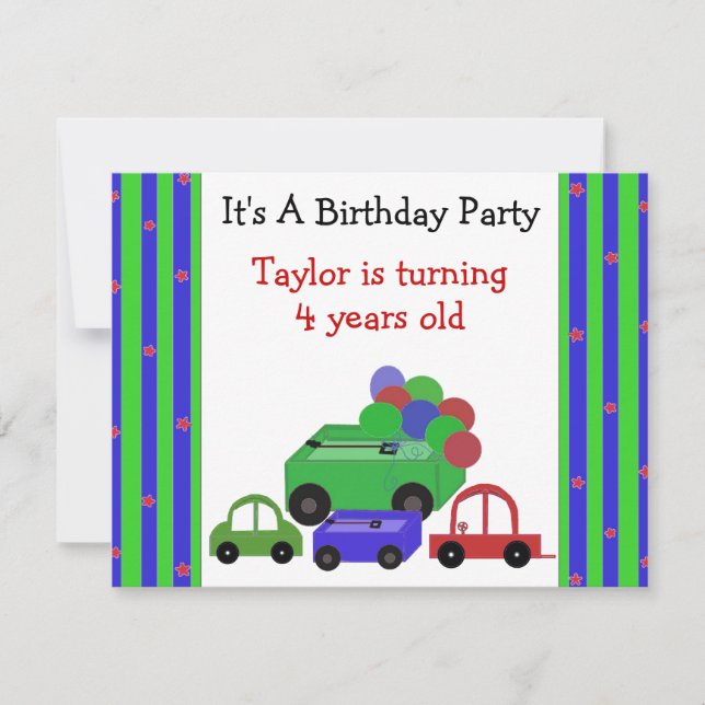 Invitación de cumpleaños de vagones, coches y glob (Anverso)